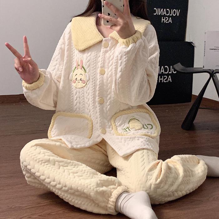 

Женская стеганая толстая теплая трехслойная хлопковая пижама - костюм с длинным рукавом больших размеров для осени и зимы 5XL