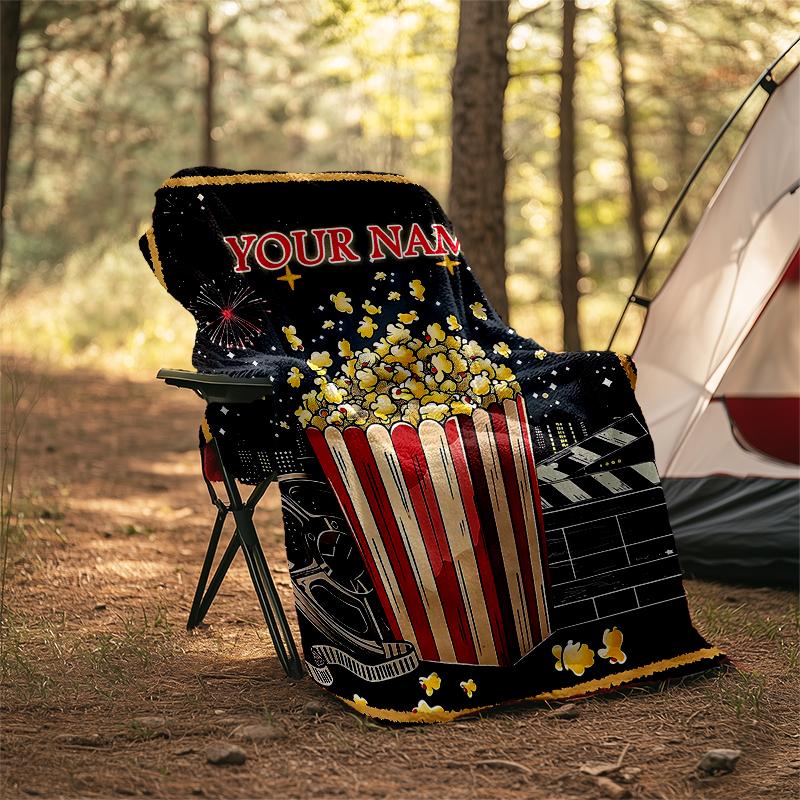 1PC Custom Name Movie Night Popcorn Party Outdooor Flannel Blankets Patterns Throw Blanket All-Season Soft Gift for Couch, Bed, Camping Gifts