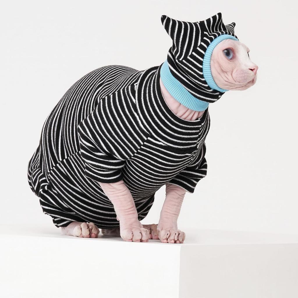 Sphynx Cat Clothes Black Stripe Breathable Shirts Suit, Pet Hat and Shirt Set (Medium)
