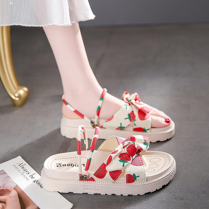 Модные женские сандалии Two Wearing Sandals 2024 года новый летний дизайн универсальная толстая подошва милый узор один ремешок женские тапочки 35 красный 2860₽