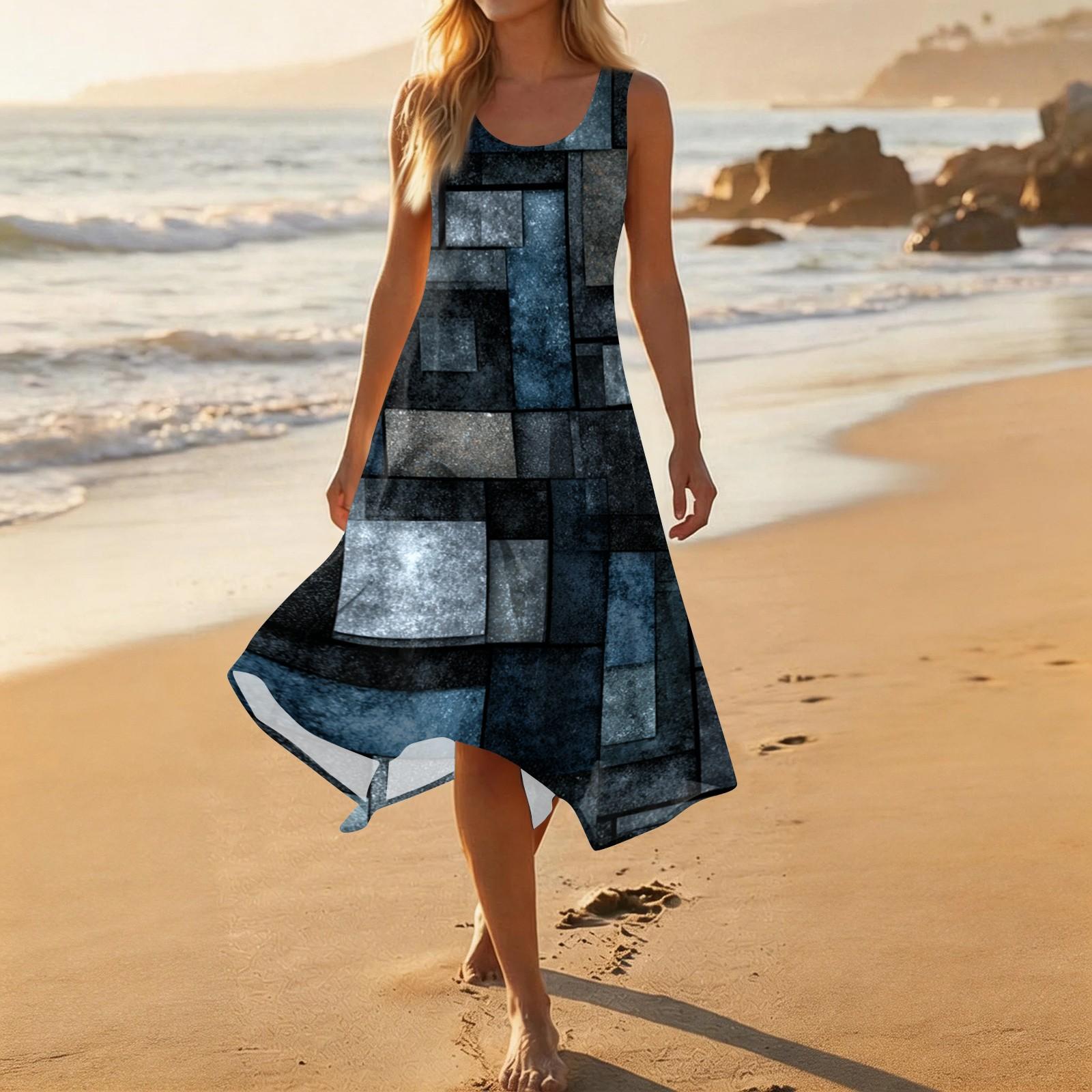 

Summer Dresses for Women 2026 Sleeveless Casual Dress Floral Print Midi Dresses for Women Graduation Dress L синий