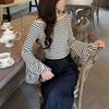 Slash Neck Striped Knitted T-shirt Spring Autumn Elegant Slim Female Clothing Fashion Flare Sleeve Korean Long Sleeve Pullovers
