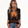 Women's Casual Halloween Print V Neck Button Front Three Quarter Sleeve T Shirt Top with Spooky Haunted House Design for Fall