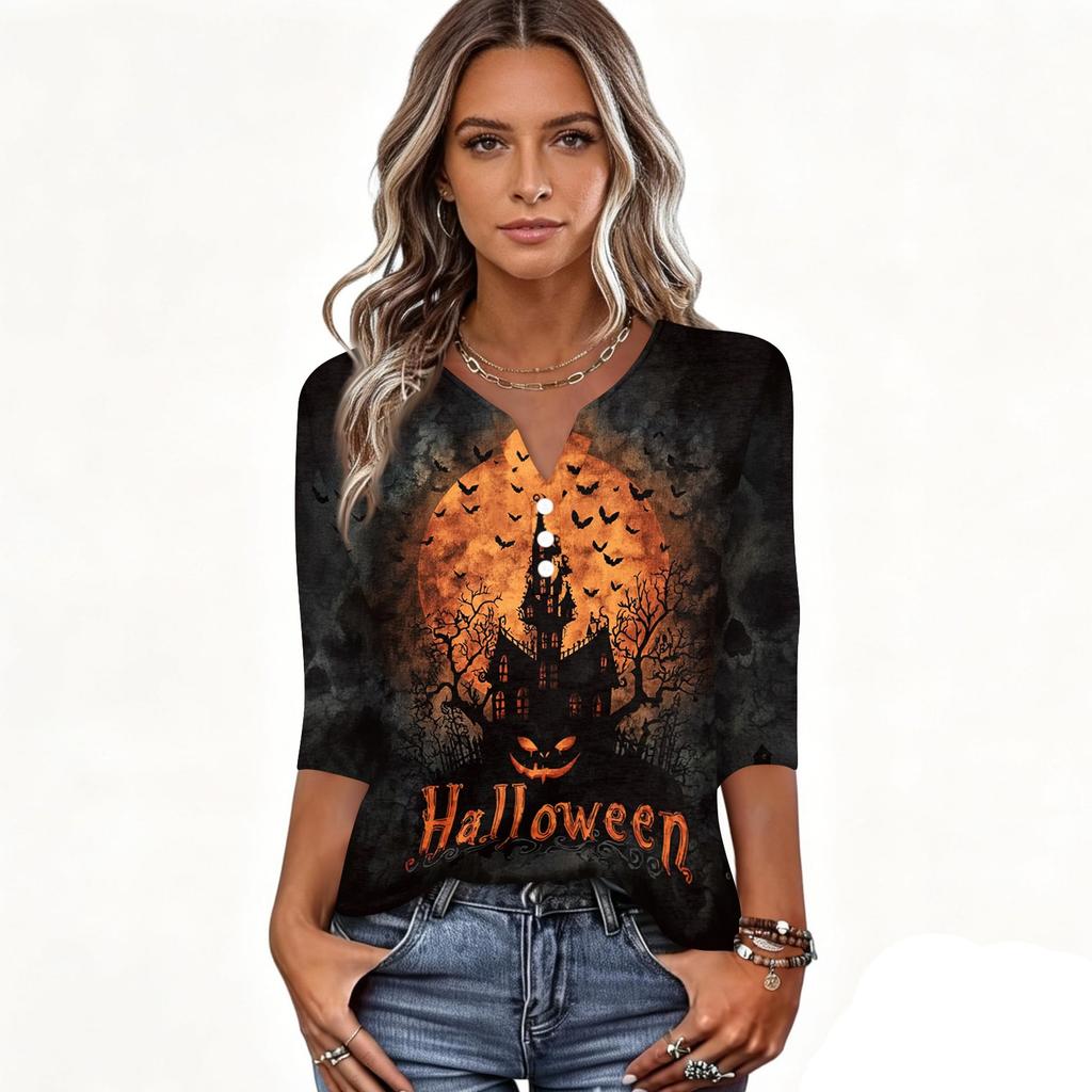 Women's Casual Halloween Print V Neck Button Front Three Quarter Sleeve T Shirt Top with Spooky Haunted House Design for Fall