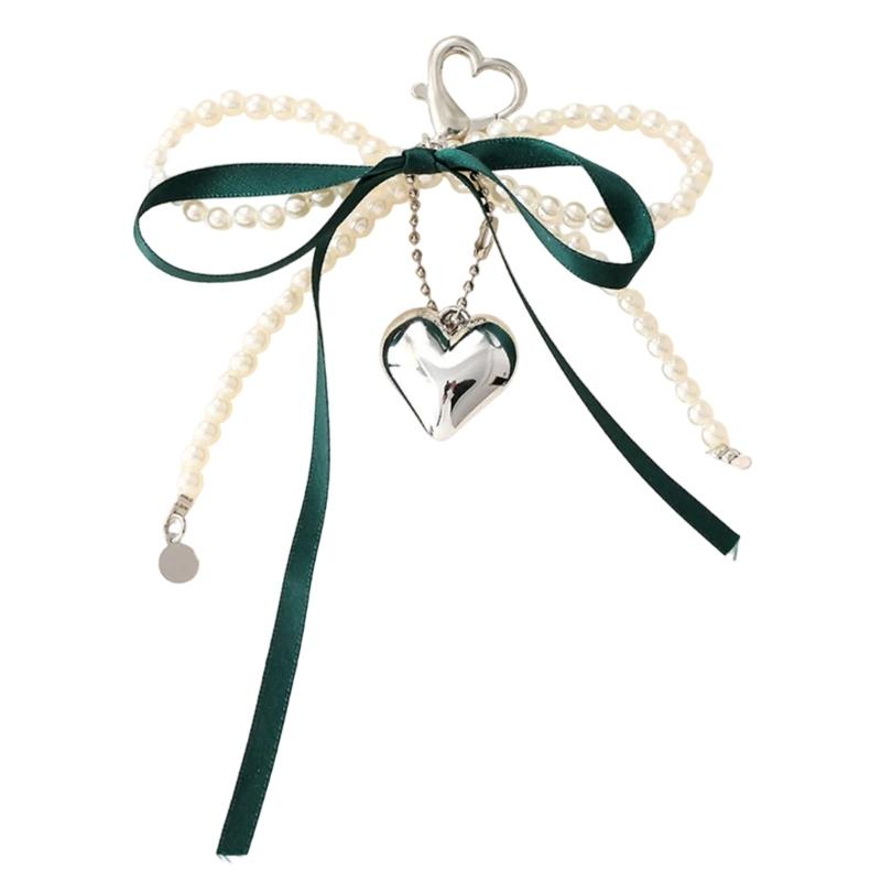 Elegant Pearls Bows Bag Pendant Practical Keychain Heart Shape Phone Ornament Keyring for Purse Handbag Decoration