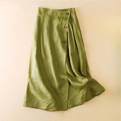 Women's Summer Casual A-Line Skirt Cotton Linen Mid Length Elastic Waist Flared Skirt