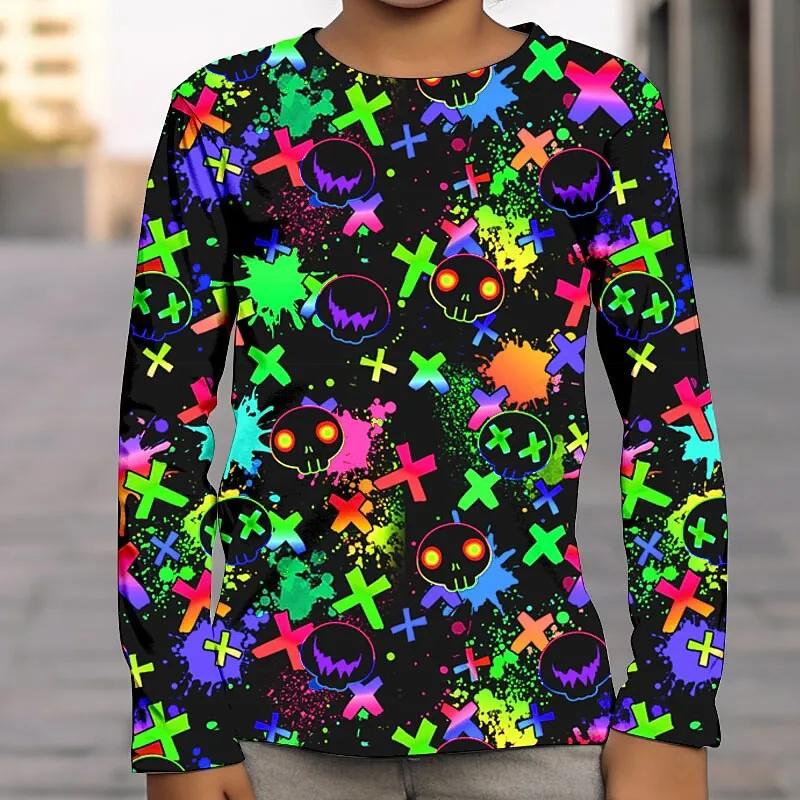 Spring and Autumn Round Neck 3D Halloween Printed Top Fashionable Casual Long Sleeved Children's Boy T-shirts
