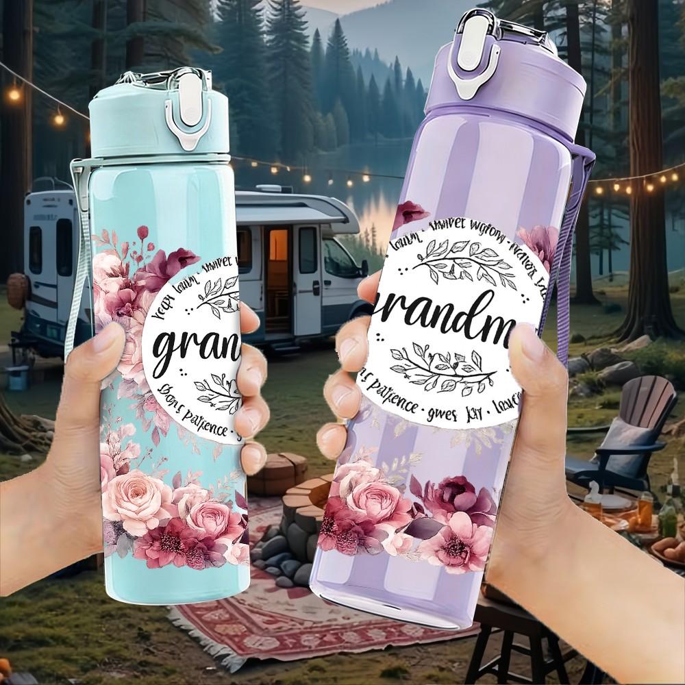1PC Grandma Vintage Floral Wreath Art 750ml Color Plastic Sports Water Bottle Leakproof Flip Straw Lid Suitable for Sports Office Home Use