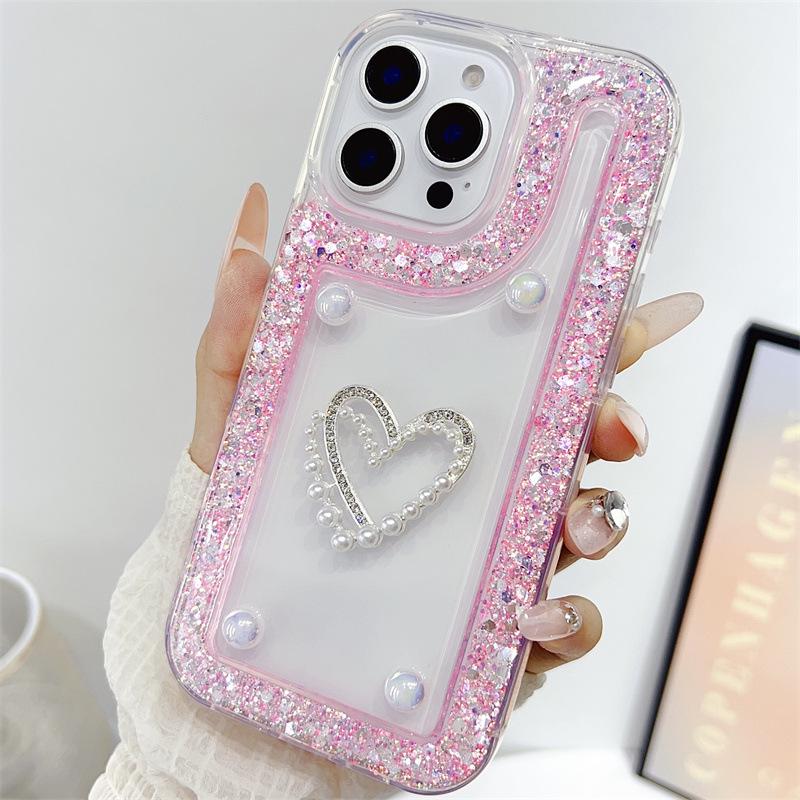 Heart-Shaped Glitter Rhinestone Transparent iPhone 16 Case, Compatible with Models 11-15