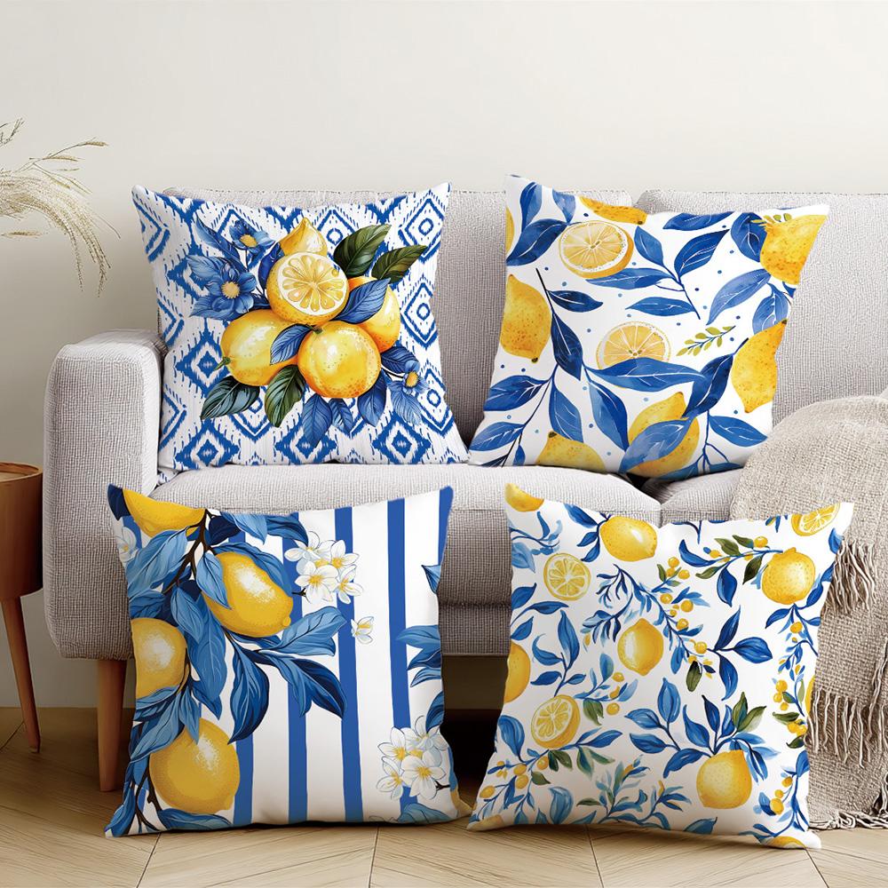 1/4pcs Coastal Blue Stripe Lemon Blossom Throw Pillow Cover Home Farmhouse Outdoor Decoration Cushion Cover
