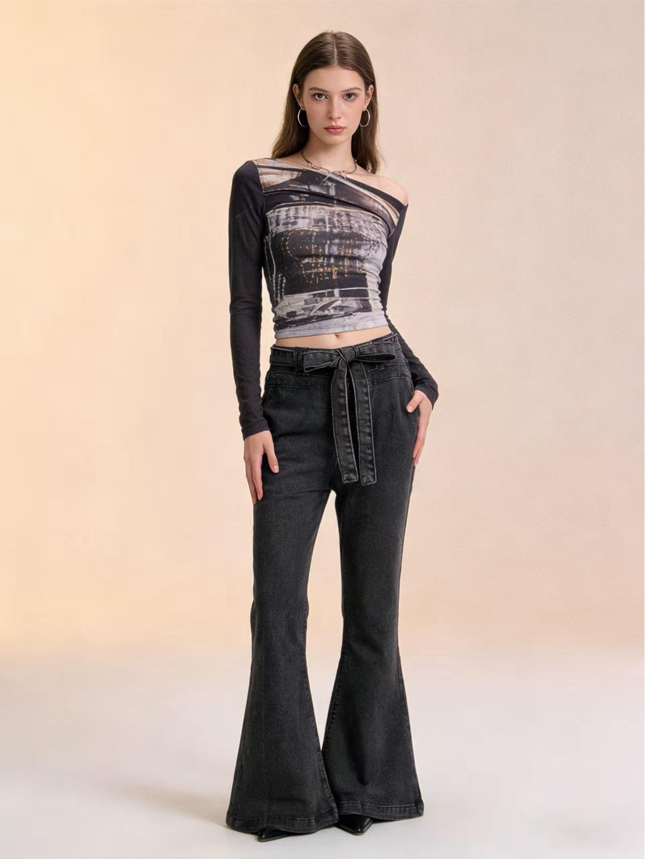 High-Waisted Butt-Lifting Lace-Up Flare Wide-Leg Women s Jeans Extra Large