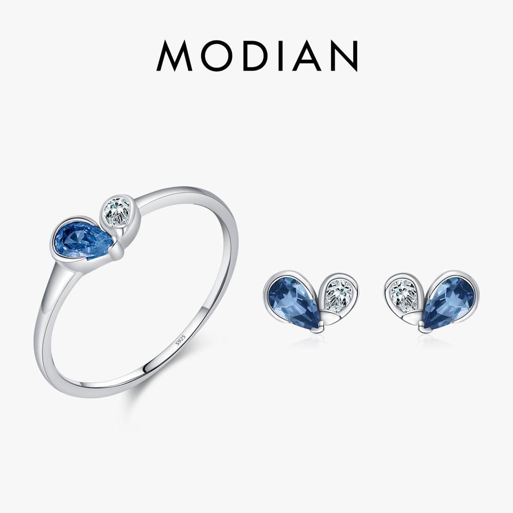 MODIAN 925 Silver Simple Tiny Romantic Blue & Pink CZ Hearts Jewelry Sets For Women Fashion Rings & Stud Earrings