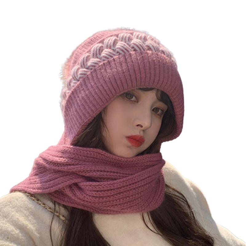 Korean Style Hat Scarf Set Women Winter Warm Cycling Ear for Protection Windproof Knitted Wool Pullover Cap Scarf for Wo