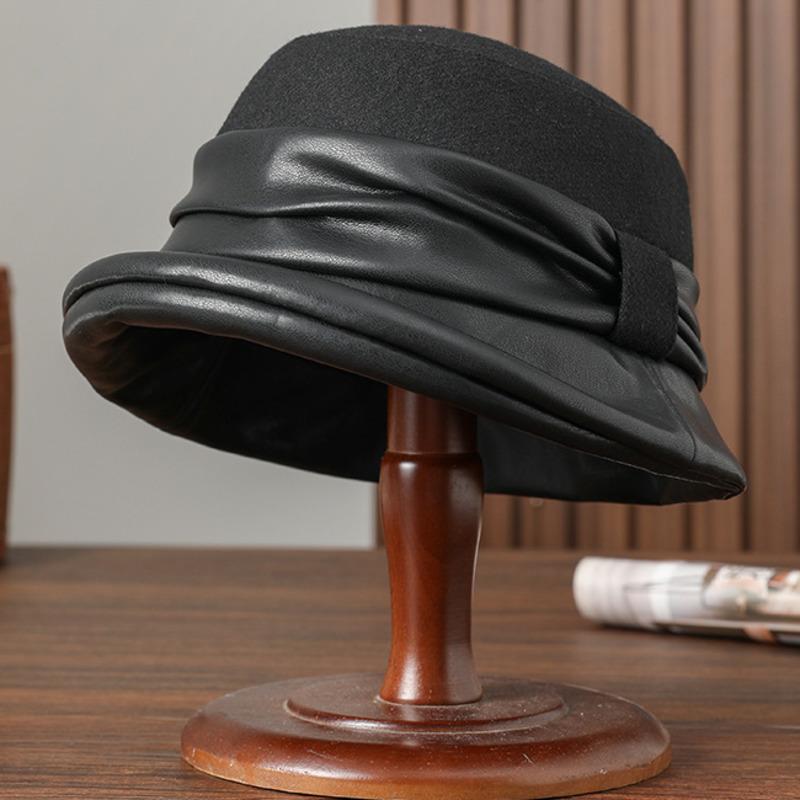 

Women 100% Wool Felt Pleated Band Fedora Mother Winter Warm Fleece Lining PU Leather Bucket Hat Party Grace Cloche Hat 57cm Head 55-58cm чорний