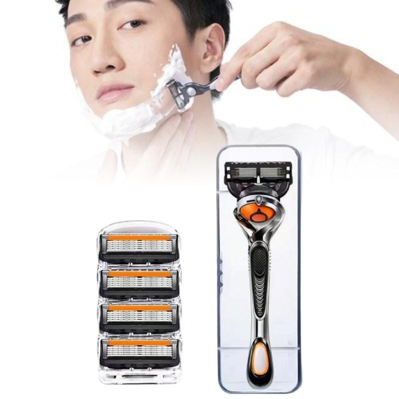 Innowacyjna maszynka do golenia z pięcioma ostrzami dla panów w stylowej pomarańczowo-czarnej kolorystyce