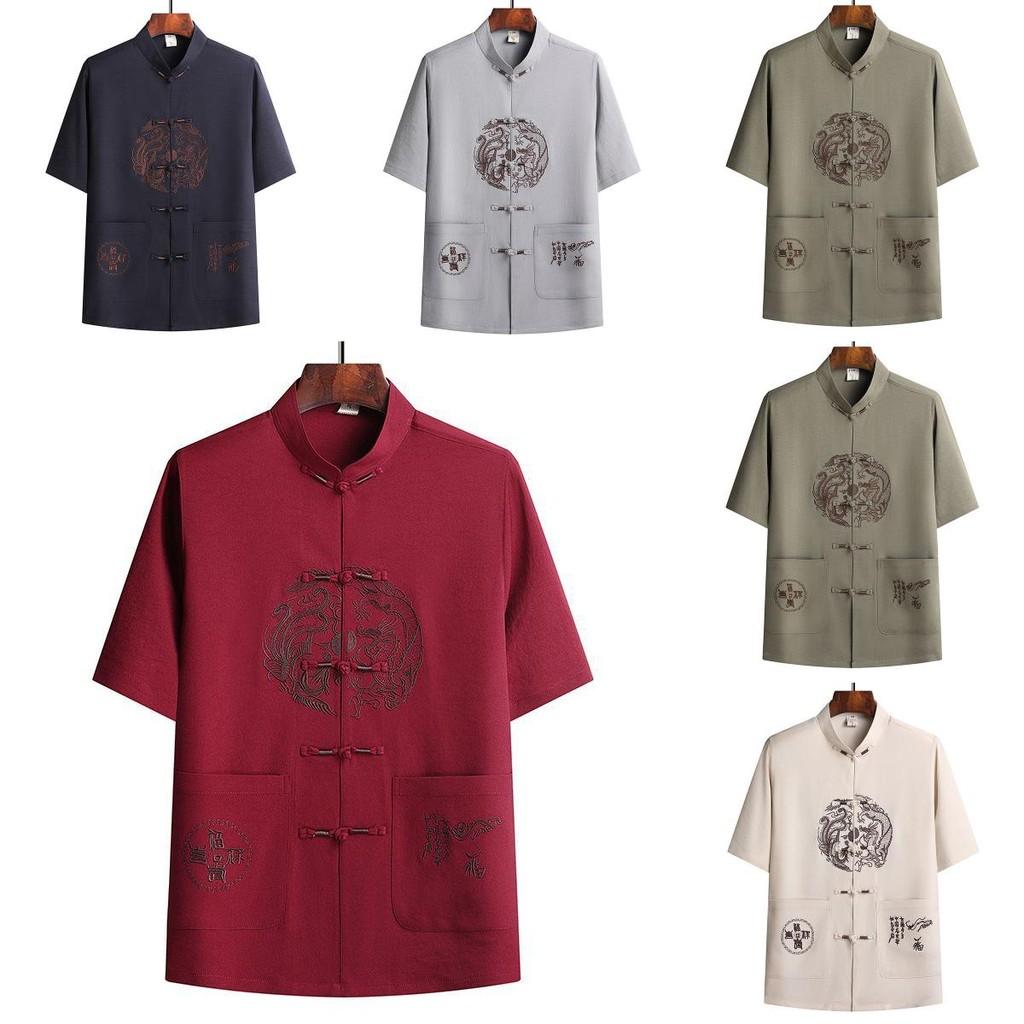 Chinese Style Mens Short Sleeve Suit With Dragon Phoenix Pattern Embroidery For Summer Casual Wear