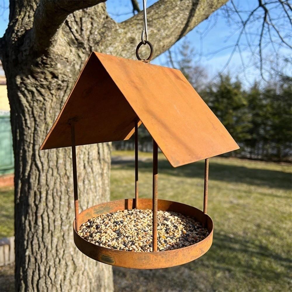 Iron Bird Feeding Station Hut Shape Bird Food Container Multifunctional Hanging Bird Feeder  Yard