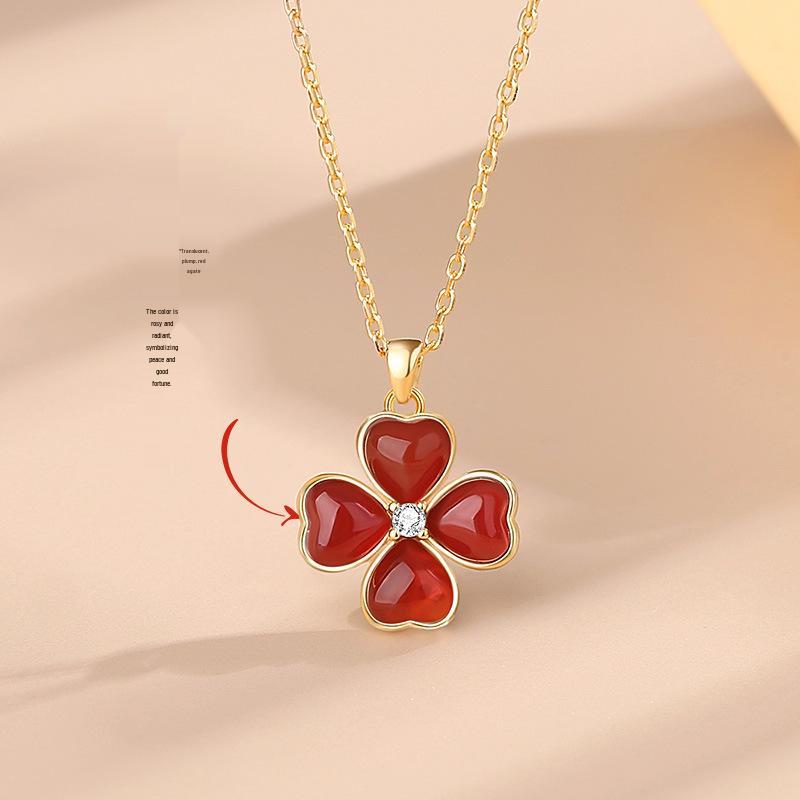 Teqia Korean Style S925 Sterling Silver Four-Leaf Clover Necklace with Natural Hetian Jade and Diamond Inlay for Women 925 Silver