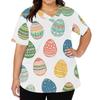 Women's Fashionable V-neck Short-sleeved Work Top With Double Side Slits And Pockets, Featuring Easter Bunny And Egg Prints.