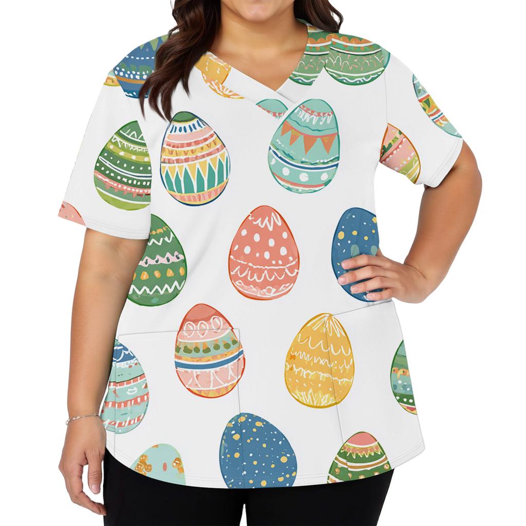Women's Fashionable V-neck Short-sleeved Work Top With Double Side Slits And Pockets, Featuring Easter Bunny And Egg Prints.