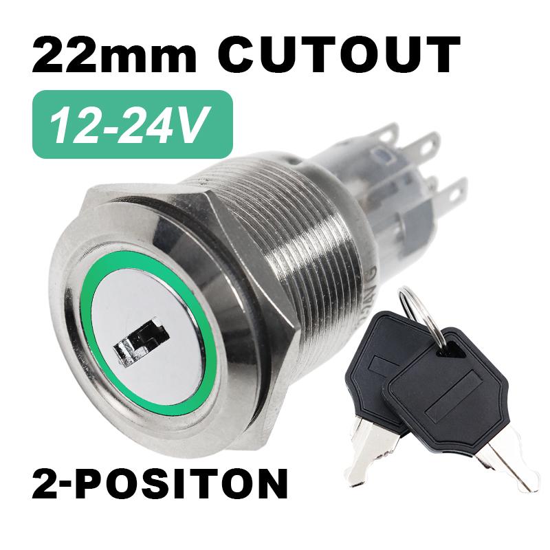 22mm Metal Rotary Key Selector Switch 2/3-Position Waterproof Self-locking Latching Knob Switch with LED Light 1NO1NC 2NO2NC