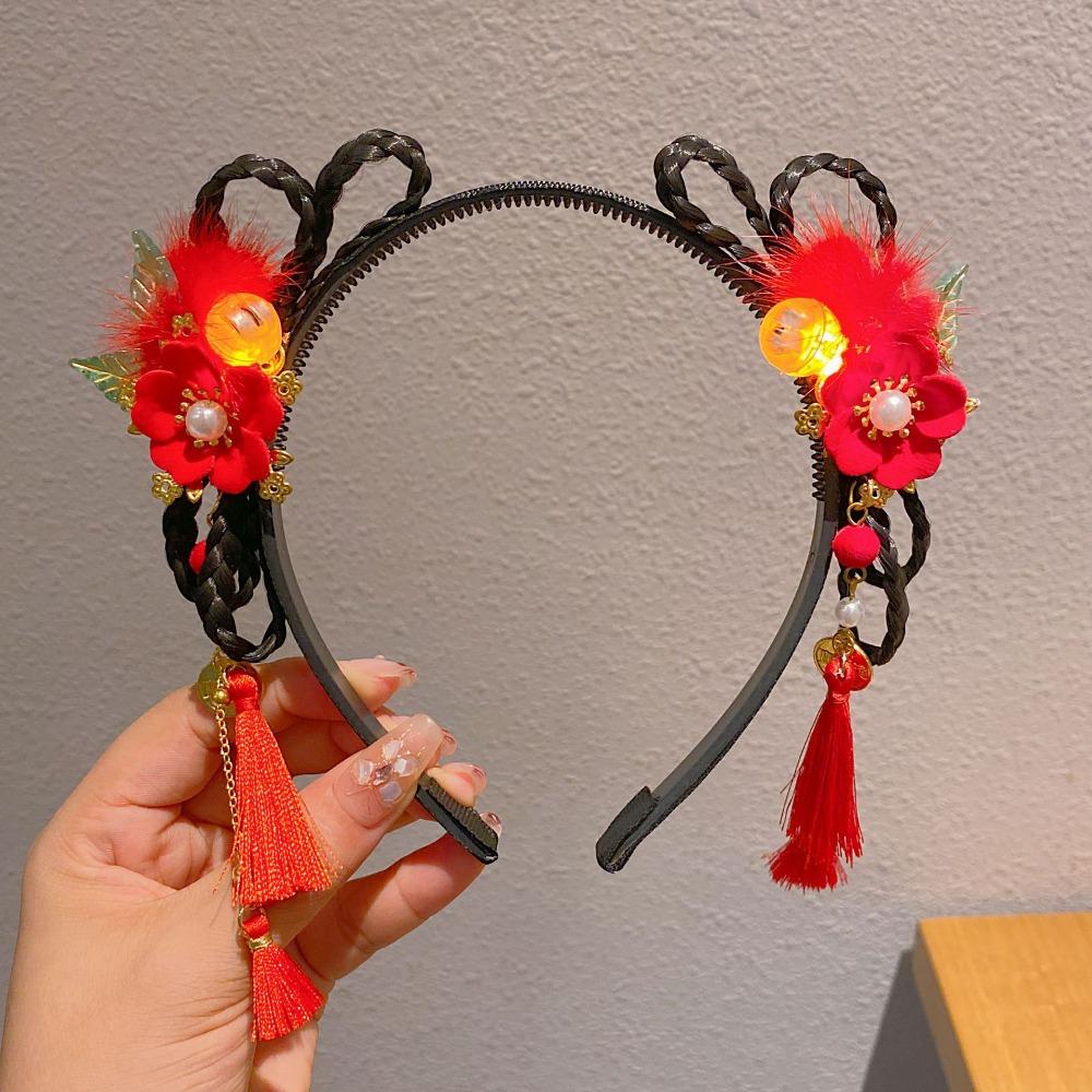 Red Flower Tassel Hairband Pigtail Wig Chinese Style Hair Hoop Fashion Hanfu Wig Headband  Children