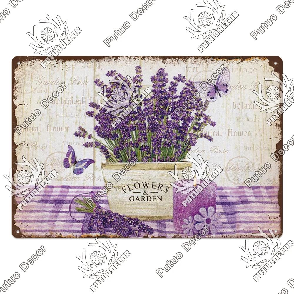 Putuo Decor Lavendel Metallskyltar Plåtposter Metall Vintage Solros Skyltar Retro Blomma Plåtskylt Tusensköna Väggdekor för Hem Trädgård