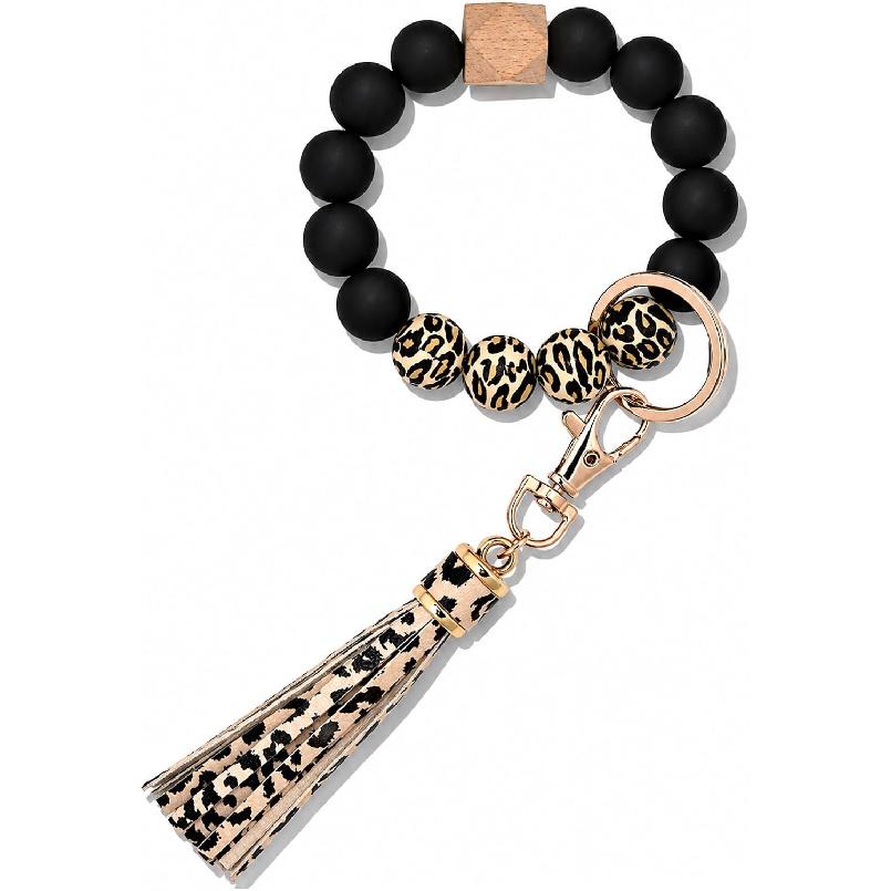 BAOSIWA Silicone Beaded Bracelet Keychain Wristlet Key Ring Bangle Chains for Women with Leather Tassel