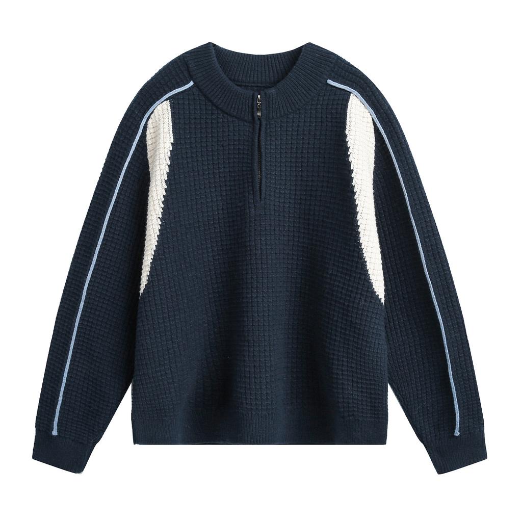 Men S Couple Color Block Half Zip Round Neck Warm Knit Sweater