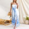 Spring new, fashionable and elegant contrasting color printed lace-up tube  dress