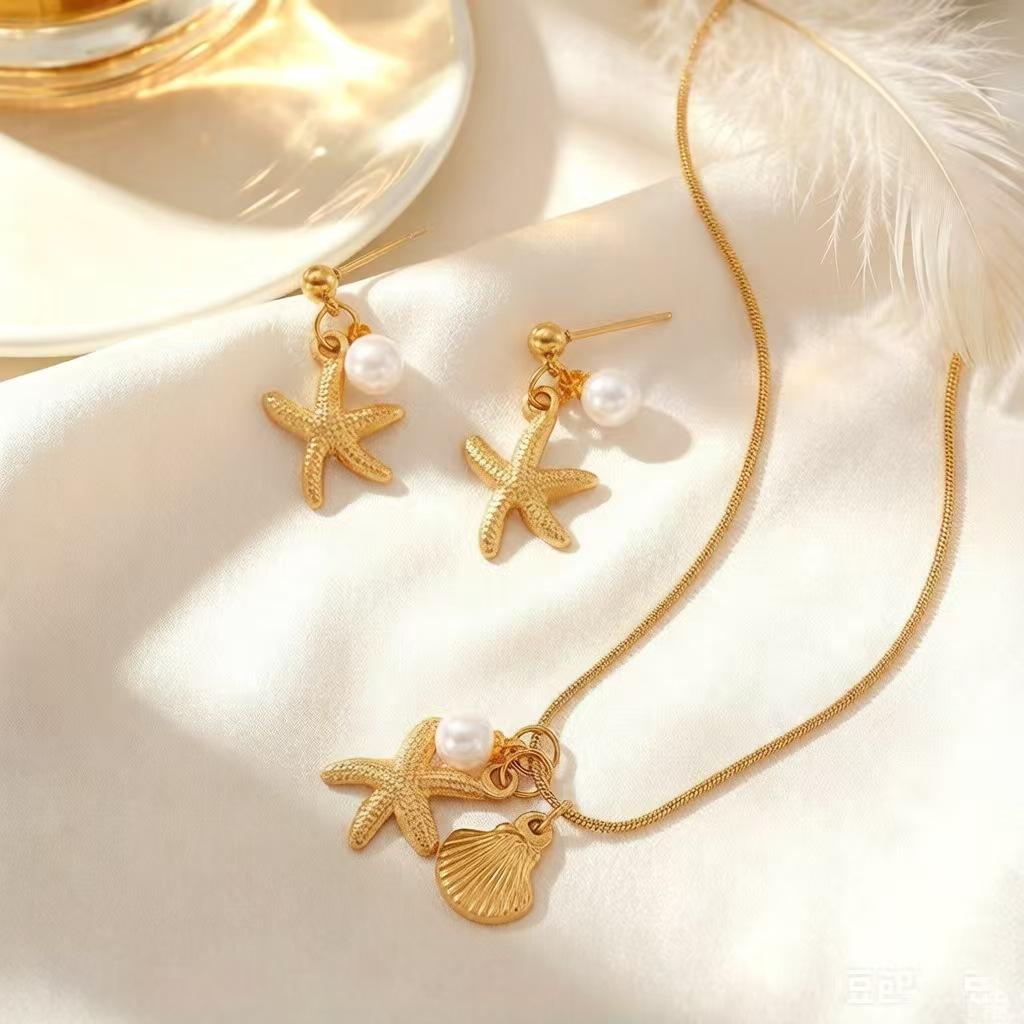 Stainless Steel Starfish Shell Pendant Necklace Set for Women, Delicate Choker Necklace with Earrings Jewelry Set