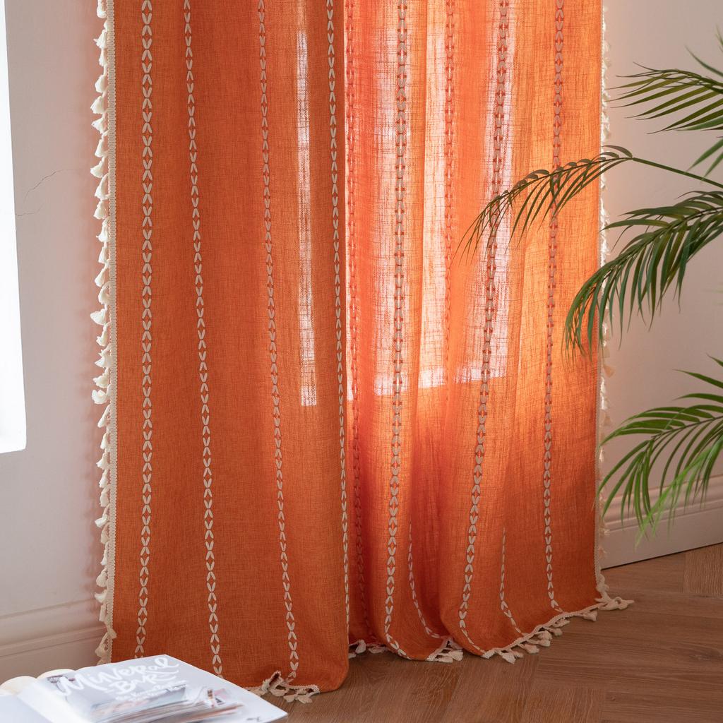 Curtain Finished Orange Multi-Striped Lines Contrasting Color Kitchen Curtain Semi-Blackout Floating Curtain