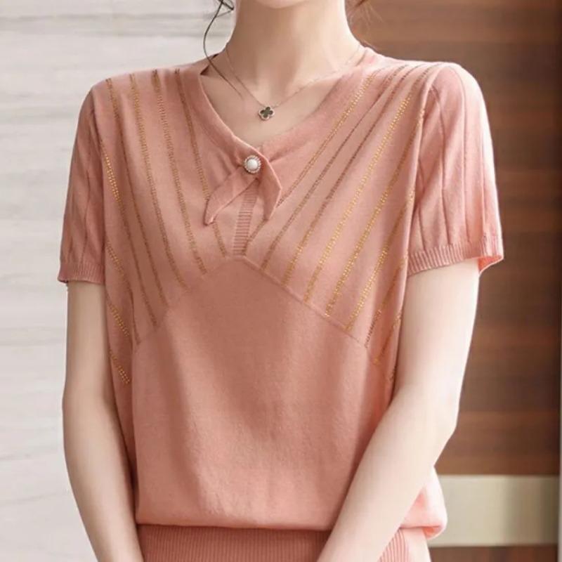 

pink v neck bow tie detail short sleeve knit top with gold stripe for women M