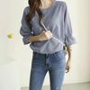 European and American small plaid round neck commuter shirt, small fresh literary and artistic style seven-quarter sleeve versatile commuter top