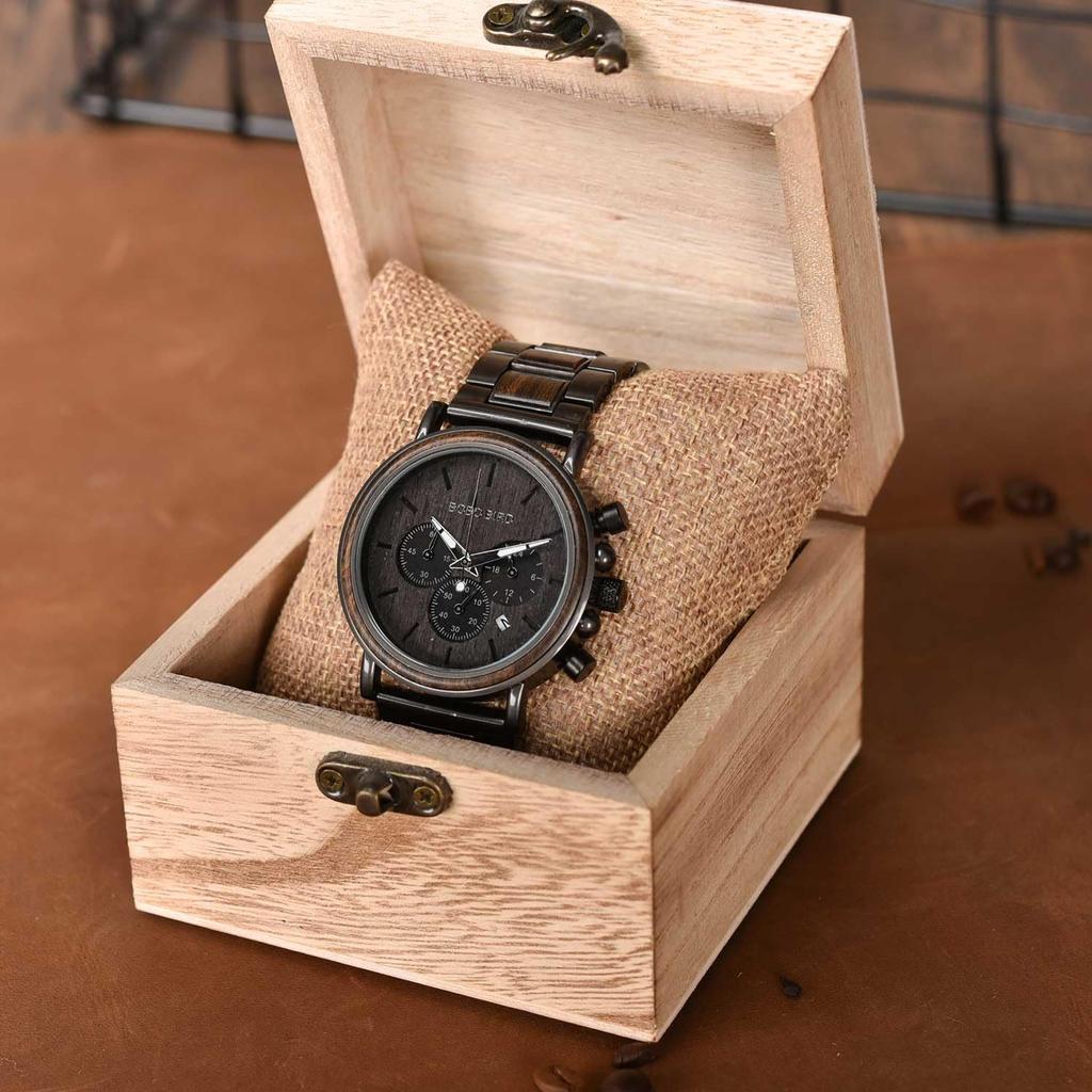 Men's Wooden Watch, Business/Casual Watch, Ebony & Stainless Steel Chronograph