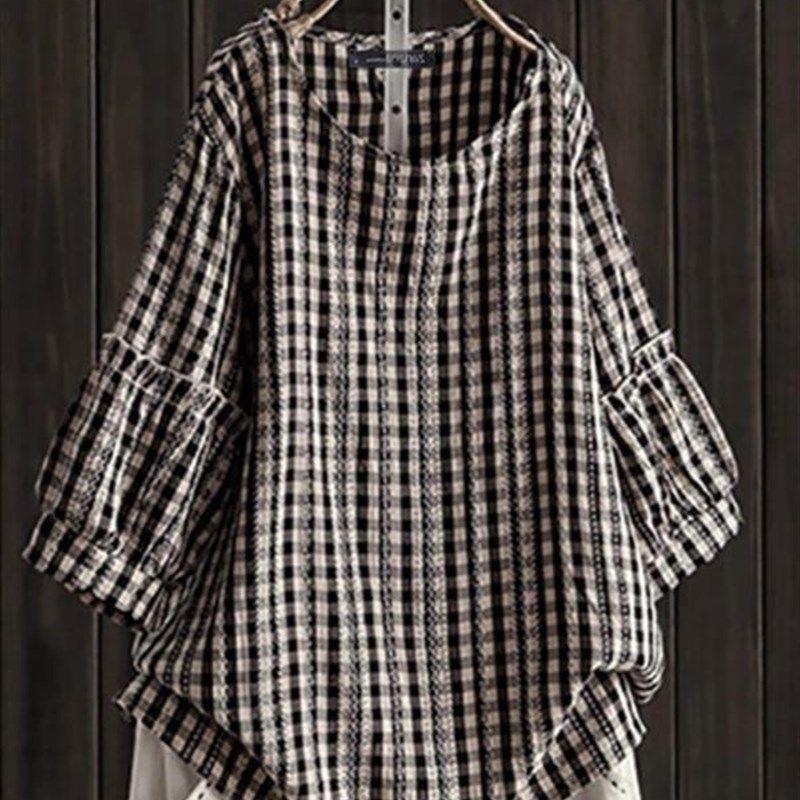 

New 2025 SpringSummer GridPrinted Shirt Casual Loose Bubble Black XL
