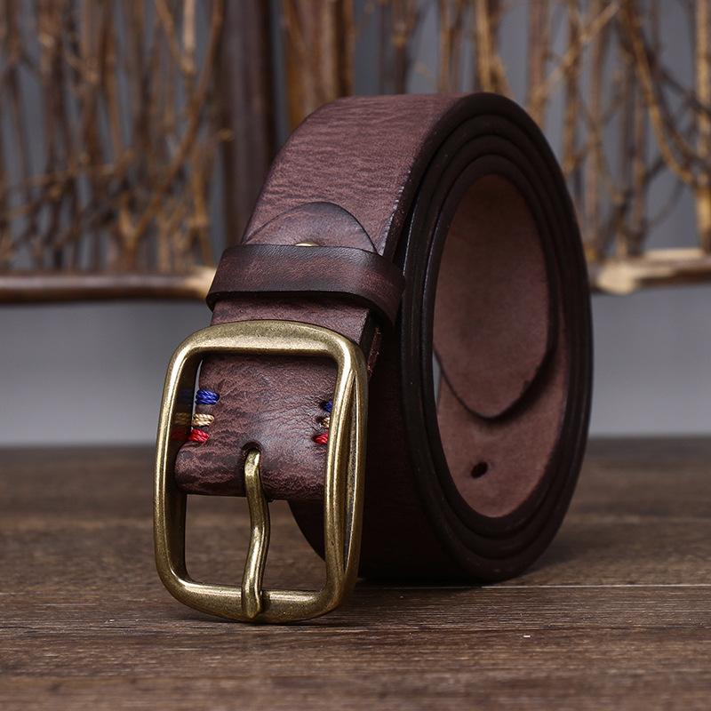 Men's Leather Belt Overalls with Vintage Handmade First Layer Pure Cattlehide Brass Buckle Jeans Genuine Leather Belt