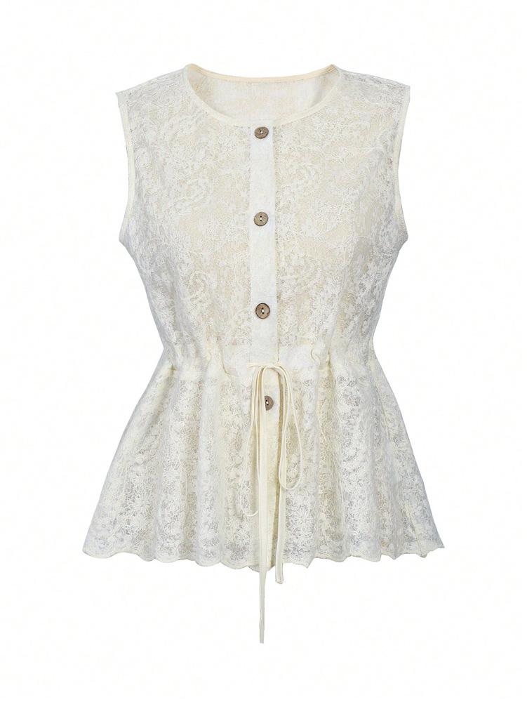 Women s Elegant Sleeveless Lace Drawstring Waist Top Small бежевый