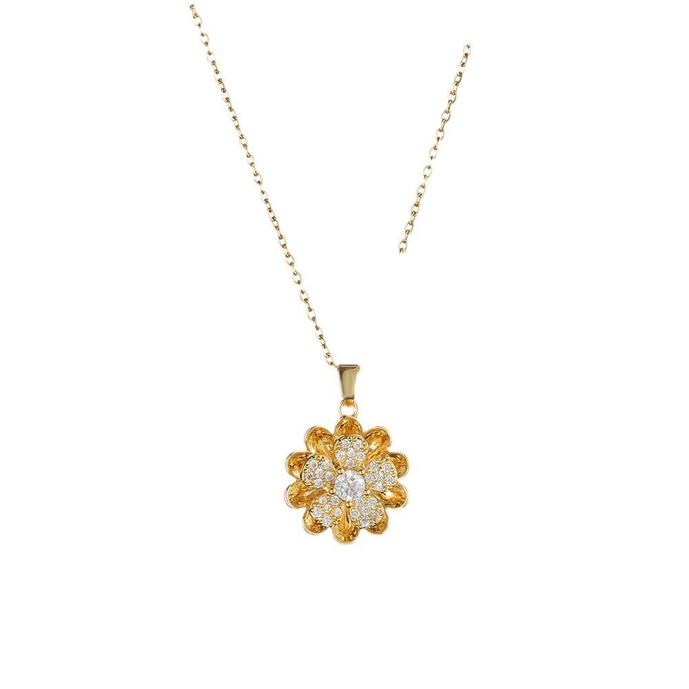 Women's Japanese & Korean Style Rotating Zircon Flower Necklace - Niche Design Titanium Steel Clavicle Chain