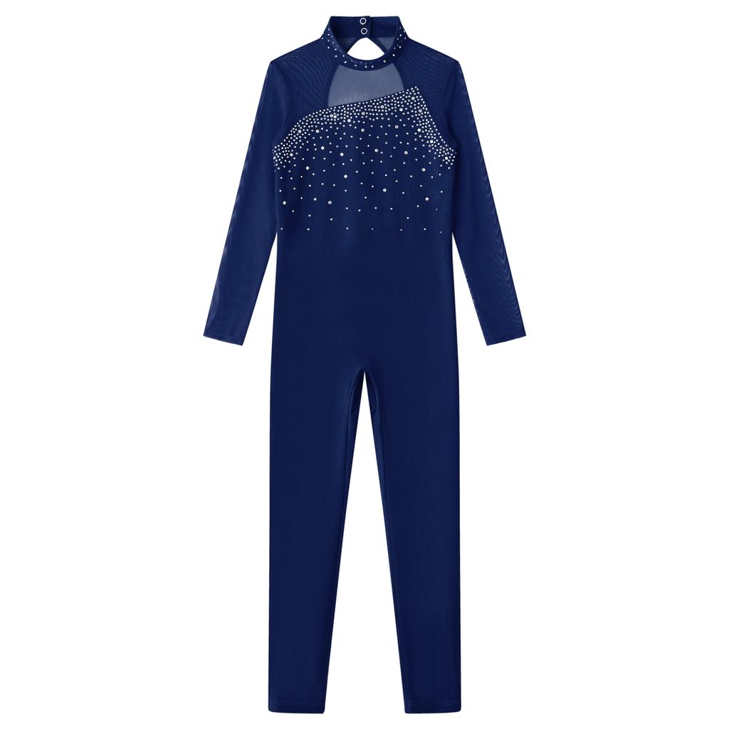 Stilvolle einteilige Eislauf-Kleidung für Kinder und Mädchen, langärmelig, runder Kragen, glänzender Strass-Dekor, Tanz-Trikots