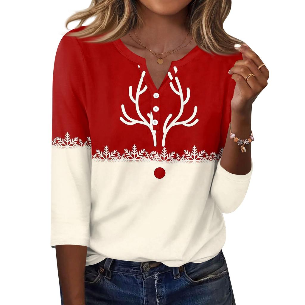 Women's Fashion Casual Christmas Print V-Neck Button Three-Quarter Sleeve T-Shirt Top