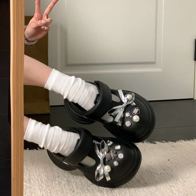 Sweet Bow Platform Hole Shoes Women's Spring and Summer 2025 New Outer Wear Heightening Rhinestone Bag Head Half Slippers