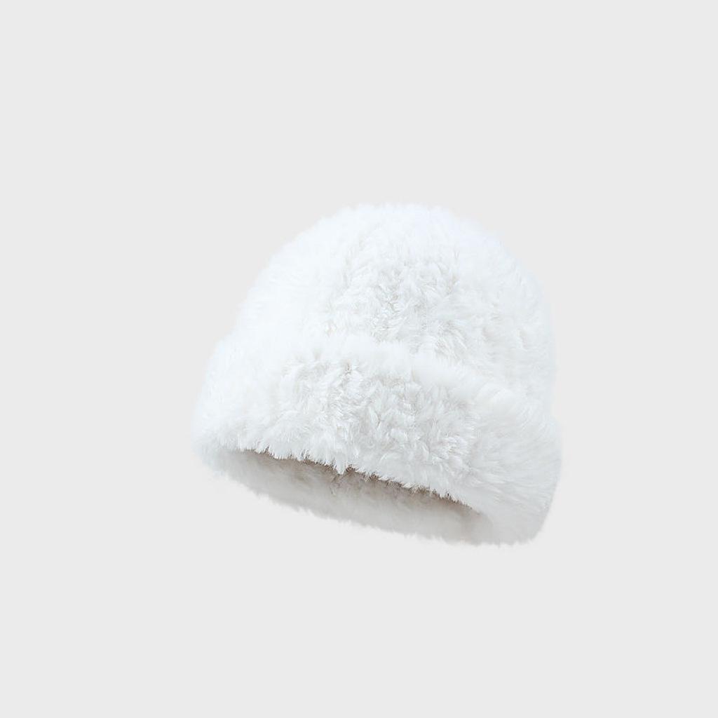 White versatile hat in autumn and winter, cold hat in autumn and winter, warm big head, winter ear protectors, plush knitted wool hat