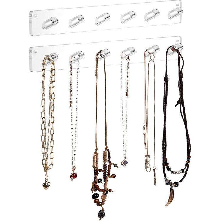 AITEE Necklace Holder, Acrylic Necklace Organizer Wall Mounted with 12 Hooks, for Hanging Necklace, Jewelry, Bangles, Bracelets and Rings, Best Gifts 6 hooks - 2 pack