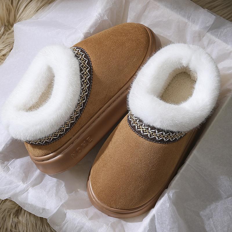Autunno e Inverno Pizzo Stile Etnico Moda Lana Bocca Pacchetto Completo Tacco Scarpe di Cotone per Coppie, Pantofole di Cotone da Interno e da Esterno