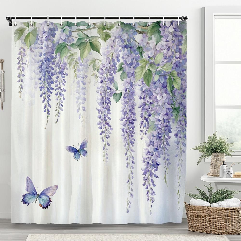 1pc Beautiful Blue Butterfly Shower Curtain Floral Bathroom Contain Decoration Printed Polyester Fabric Contains 12 Hooks