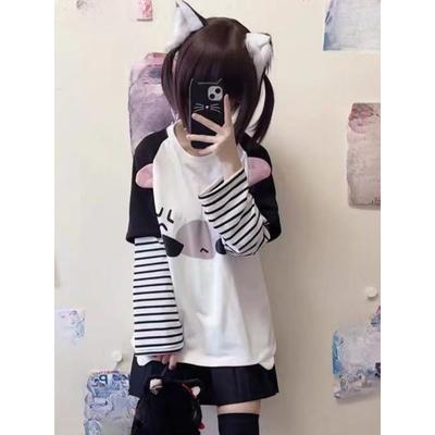 Y2k Harajuku Kawaii Striped T Shirts Women Japanese Fashion Patchwork Cartoon Print Tees Tops Female Spring 2024 New In