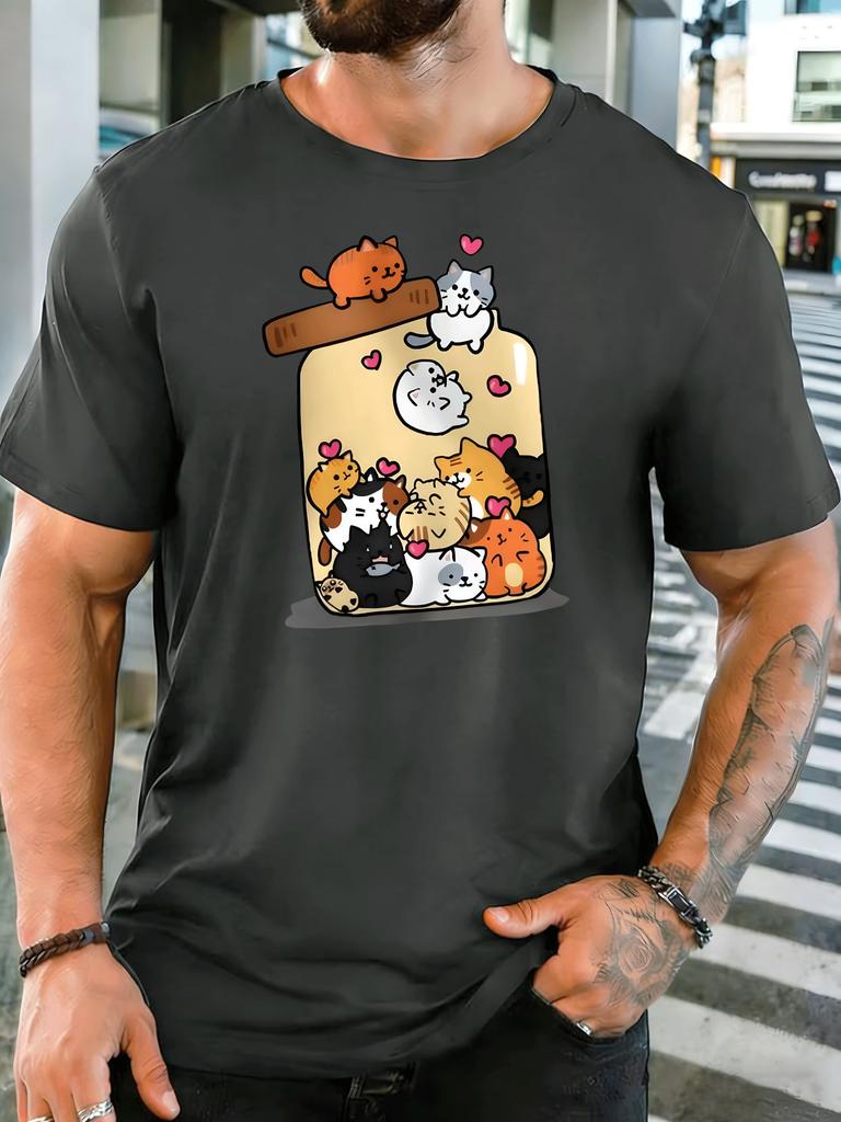 Cute Kittens In Glass Jar Unisexs Front Print T Shirt Lovely Cat Heart Cartoon Graphic Tee Casual Short Sleeve Top Cat Lover Gift