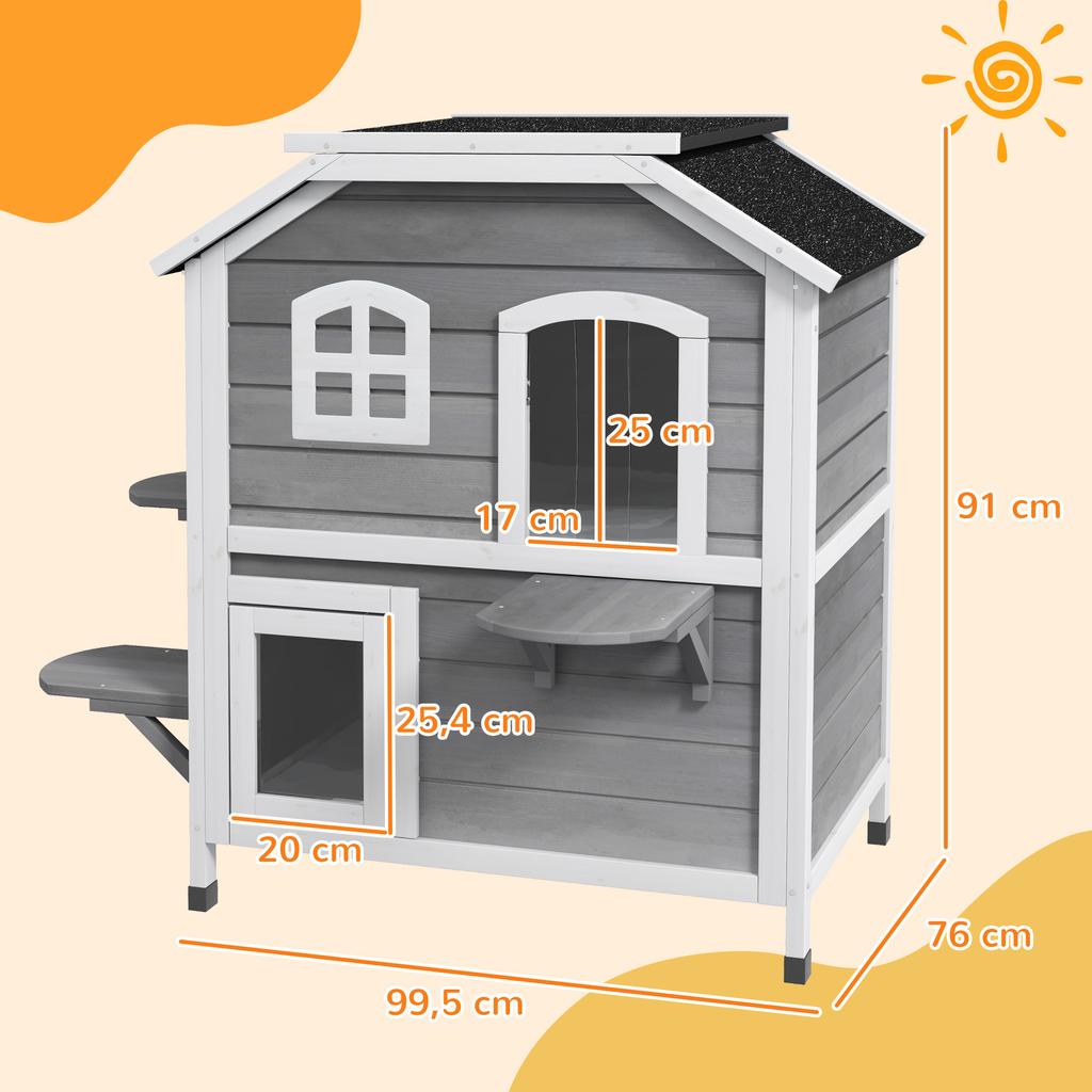 2-story Cat House Outdoor, Weatherproof Wooden Cat Enclosure with Escape Door, Openable Roof, Jumping Platforms, Grey