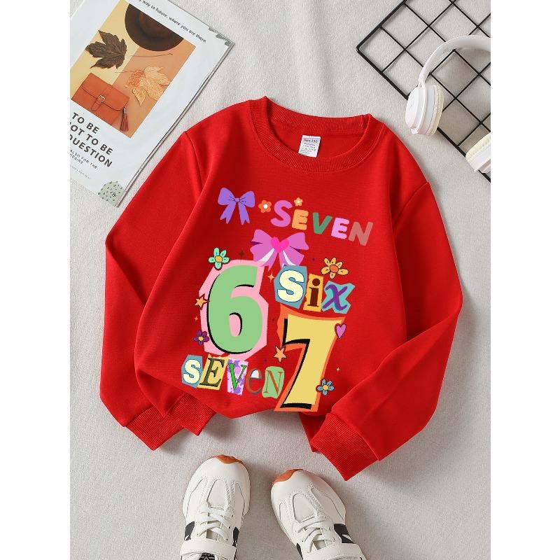 European sizes Kids' Casual Sweatshirt Printed Round Neck Pullover, Kids' Round Neck Sweatshirt with Fashion "67" Theme Feature Print for Kids